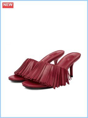 Faux Leather Fringe Kitten Heel Mules Open Toe Slip On Sandals